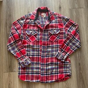 Red and beige plaid flannel